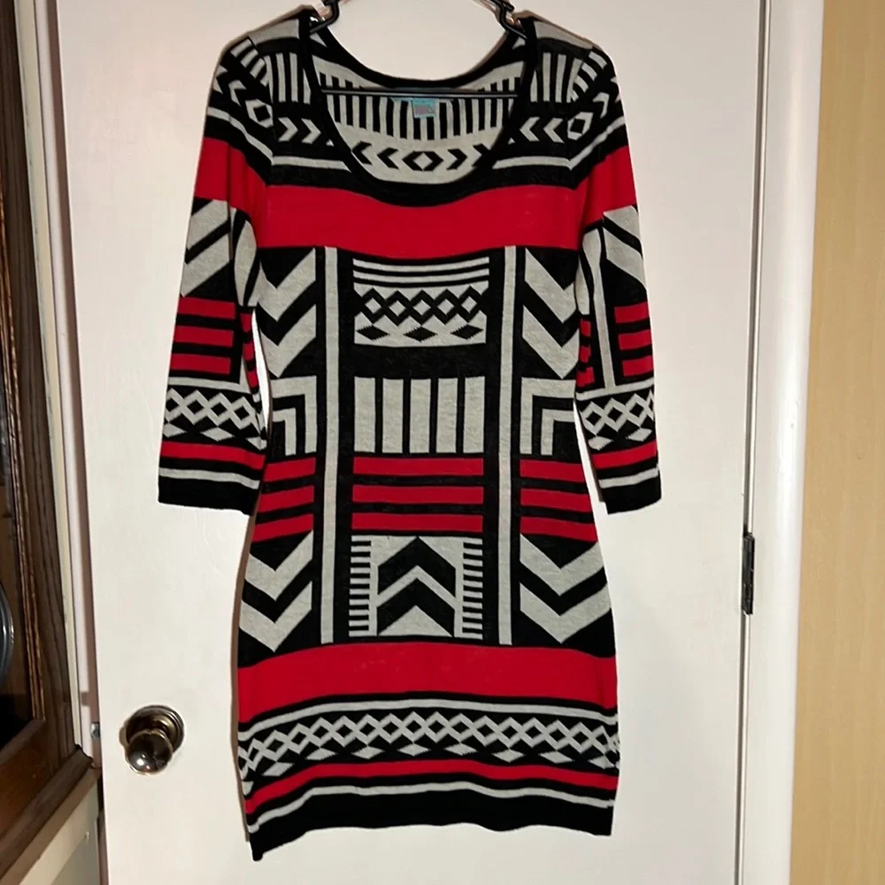 Flying Tomato Aztec Knit Dress Black and Red - Picture 1 of 9